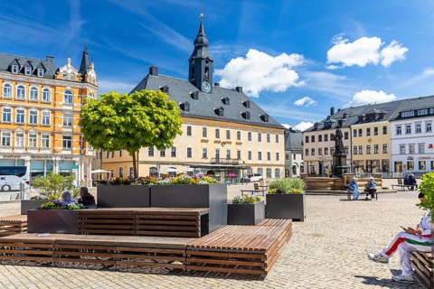 Market square with town hall and Barbara Uthmann fountain in Annaberg, Annaberg-Buchholz, Ore