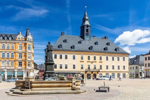 Town Hall and Barbara Uthmann Fountain, Market Square in Annaberg, Annaberg-Buchholz, Ore