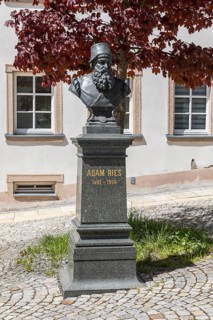Adam Ries Memorial in front of the Adam Ries House in Annaberg, Annaberg-Buchholz, Ore Mountains,