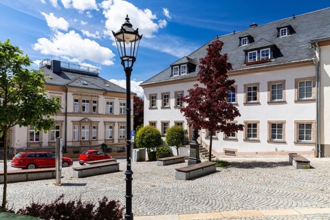 Karlsplatz with Adam Ries monument in Annaberg, Annaberg-Buchholz, Ore Mountains, Saxony, Germany