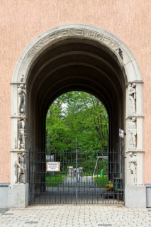 Historic Helenenhof residential complex on Walter-Oertel-Straße, lettering on the entrance portal,