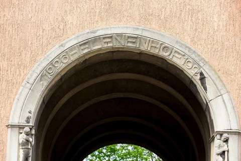 Historic Helenenhof residential complex on Walter-Oertel-Straße, lettering on the entrance portal,