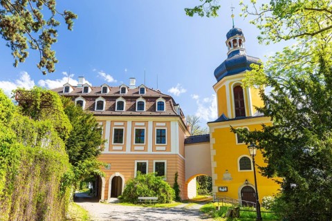 Church and west wing of Landschloss Zuschendorf, Pirna, Saxony, Germany