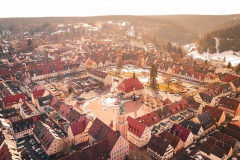 Aerial view of an urban area with historic center and surrounding nature, Freudenstadt, Black