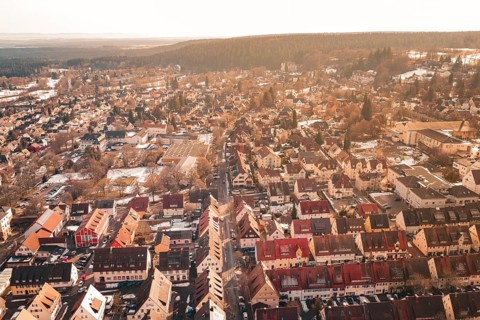 Panoramic view of a city in sunlight with numerous roofs and adjacent forest, Freudenstadt, Black