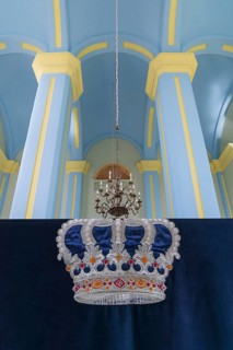 Crown on a cloth in the restored Choral Synagogue, built from 1842-1865, Drochobych, Ukraine