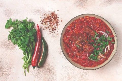 Chashushuli, a traditional Georgian dish, spicy, stewed meat with tomatoes and spices, homemade, no