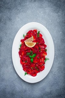 Salmon gravlax with beetroot, Scandinavian snack, beet gravlax, lightly salted fish, homemade, no