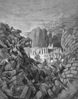 The destruction of the walls of Jericho, the priests blow the ram's horns, people break out in a