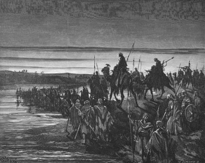 The Israelites walk through the Jordan, crossing the dry riverbed with the Ark of the Covenant,
