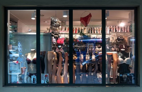 Shop window with stocking clothes, Krakow, Poland