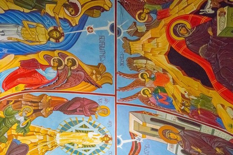 Detailed ceiling frescoes with religious motifs and depictions of angels in a church, Nikorzminda