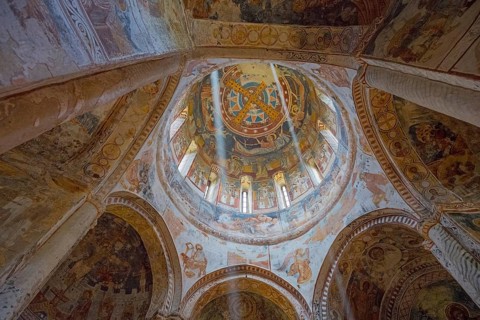 View of a magnificently painted dome inside an Orthodox church, Nikorzminda Cathedral,