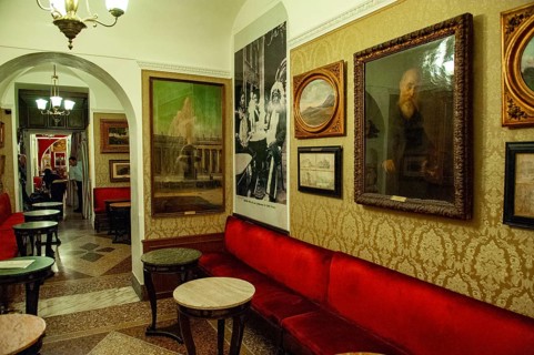 Interior view partial view of in Historic Ancient Antico Caffè Caffe Greco di Roma from 1760, Rome,