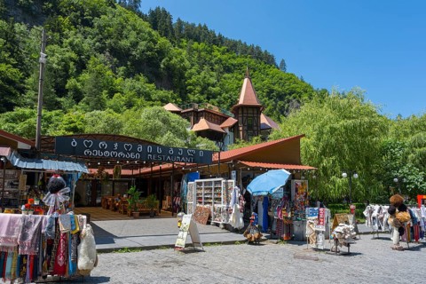 A lively marketplace with stalls and shops selling souvenirs and textiles, Borjomi, Borjomi resort,
