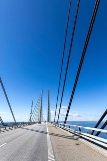 Roadway on the Öresund Bridge, Øresundsbrön, world's longest cable car bridge, connecting