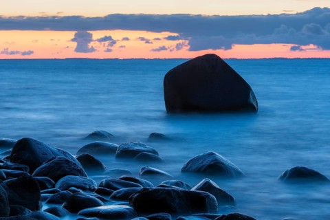 Evening on the chalk coast in Jasmund National Park, rocks in the Baltic Sea, Rügen, Lohme,