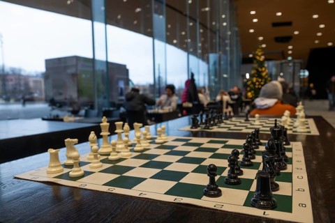 Chess boards, entrance area, Central Library and Oodi Cultural Center, designed by ALA Architects,
