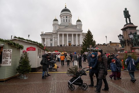 Bustling Christmas market, Senate Square, Helsinki, Finland