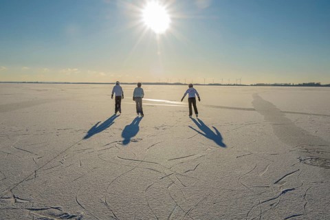 Three young woman skate on frozen Dümmer Lake under low sun, Lembruch, Lower Saxony, Germany