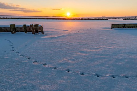 Snow-covered landscape at sunset with footprints in snow and calm atmosphere, snow-covered area of