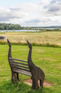 Wooden bench in the shape of birds in a meadow with a view of Horborgasjön Hornborga Lake and