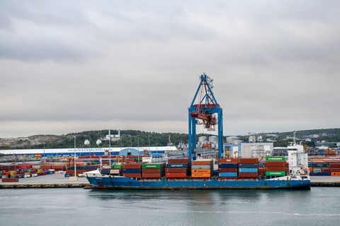 Container ship in port surrounded by several cranes Container bridges, Gothenburg, Västra Götalands