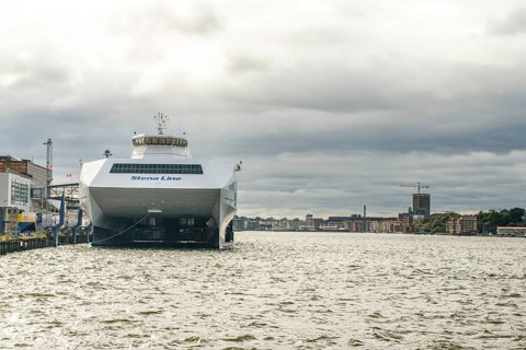 Large Stena Line fast ferry catamaran ferry in Gothenburg harbour under cloudy sky, Gothenburg,