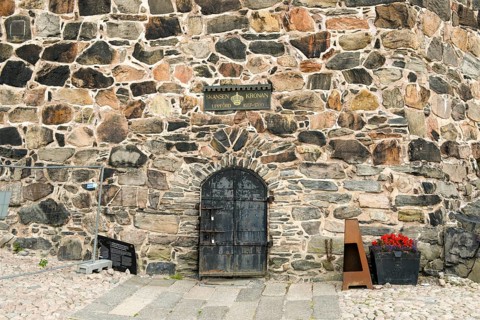 Detail of an old stone wall stone tower in Gothenburg's Skansen Kronan fortress with historical