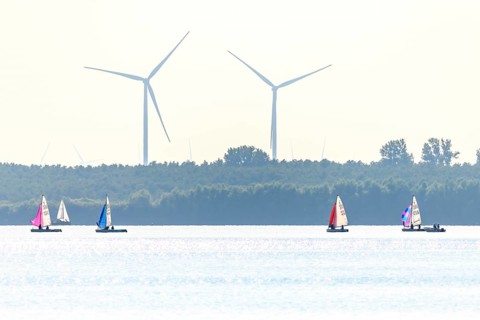 Several sailboats pirate regatta on Dümmer See with large wind turbines in the background, quiet