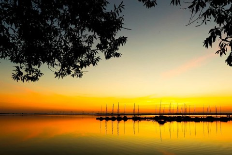 Idyllic view of a sailboat harbor on Lake Dümmer at sunset with boats and trees in the foreground,
