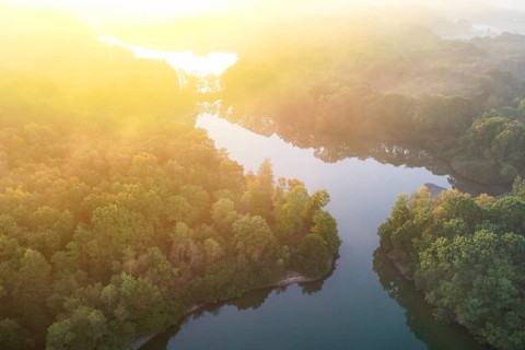 Sunrise at Ahlhorn fish ponds, aerial view, fog, Bissel, Ahlhorn, Lower Saxony, Germany