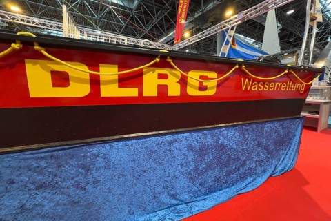 Press photo of DLRG Water Rescue logo on MRB fixed hull motor lifeboats by Deutsche