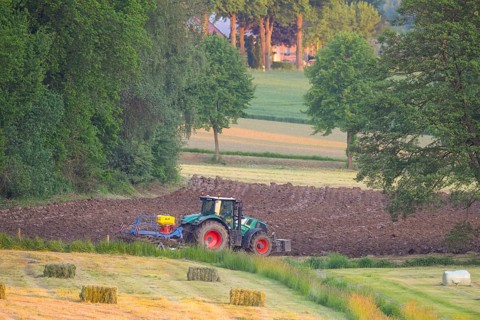 Tractor plows the field in an idyllic rural landscape, Osnabrücker Land, Lower Saxony, Germany