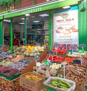Nefertiti fruit and vegetable greengrocer shop in town centre of Reading, Berkshire, England, UK