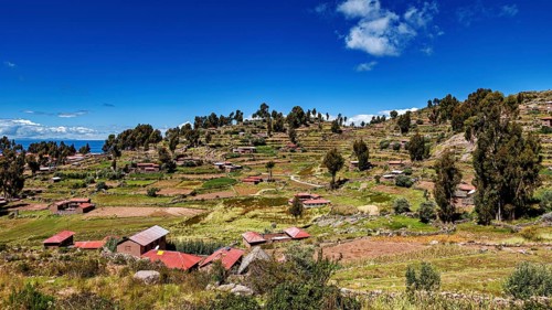 Terraced landscape with scattered huts and trees under bright skies, The countryside and farmhouses