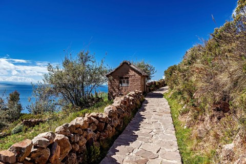 A paved path leads past a small cabin surrounded by lush vegetation under a clear blue sky, the