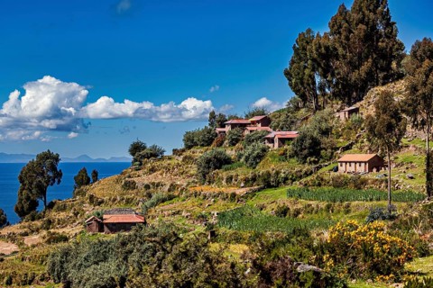 Several farm houses are perched on a green hill overlooking a blue sky and surrounded by