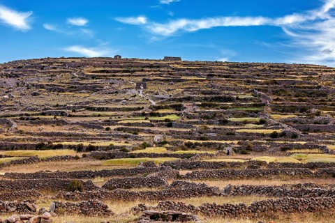 Terraced landscape on a hill under a dramatic sky with stone walls, The countryside and farmhouses