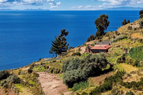 A cabin is situated on a terrace overlooking a blue lake surrounded by tall trees and vegetation,