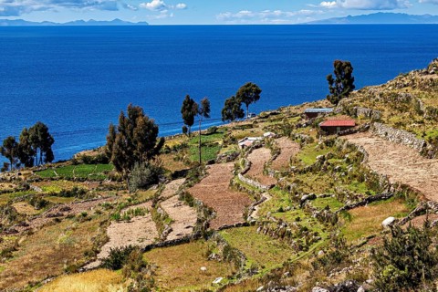 View of terraced fields on the shores of a deep blue lake with islands emerging in the background,