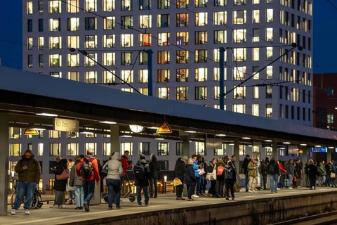 Passengers on the platform, Cologne-Messe/Deutz station, 2nd largest train station in Cologne,