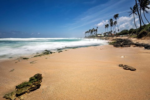 A sunny beach with palm trees and blue skies, waves hitting the shore, Koggala beach with stilt