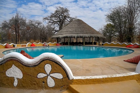 Planet Baobab swimming pool, lodge near the village of Gweta, Makgadikgadi Pans National Park,