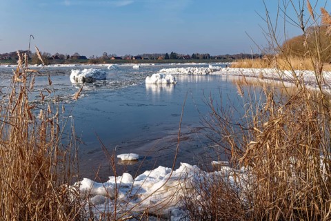 Ice flow on the Elbe in the area of the federal waterway near Geesthacht on a clear winter day.