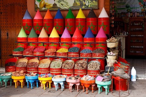 Sales stand selling spices and herbs at a market in Marrakech, historic old town, Medina, UNESCO