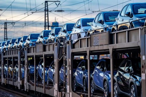 Car train, transport of Toyota small cars with a freight train from BLG Logistics, a logistics