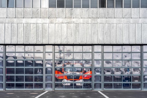 Fire department, fire station, modern guard, silver façade, glass gates, emergency vehicle, fire