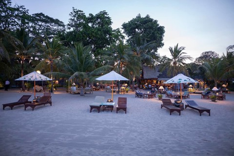 Restaurant on Sanur beach in the evening, Bali, Indonesia