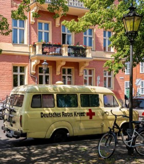 Vintage German Red Cross car on Bassinplatz in Potsdam, Brandenburg, Germany